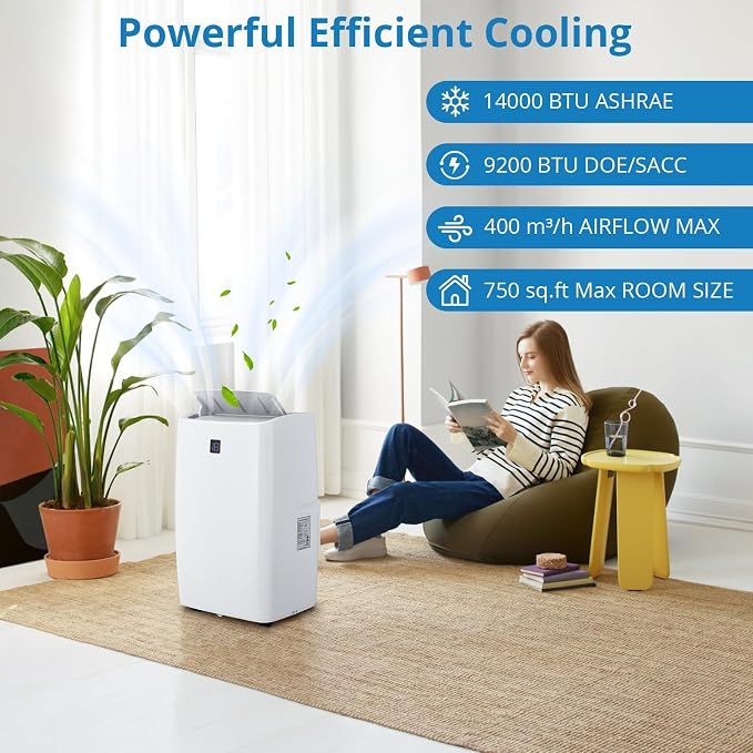 14,000 BTU Portable Air Conditioner Cools Up to 750 Sq.ft, 4-in-1 Quiet AC Unit with Dehumidifier, Fan, Sleep Mode, Remote