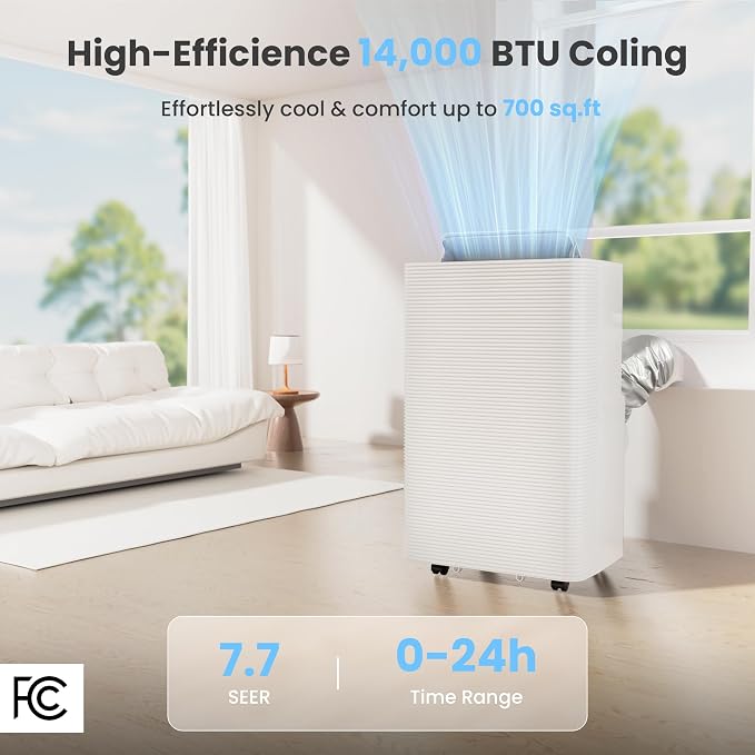 14,000 BTU Portable Air Conditioner for Rooms up to 700 Sq.Ft,3-in-1 Cooling/Dehumidifier/Fan AC Unit 3 Speed,Auto