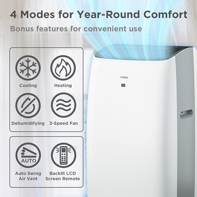 14,000 BTU Portable Air Conditioner & Heater, 4-in-1 AC Unit with Dehumidifier, Fan, UV-C Light for Rooms up to 600 Sq Ft