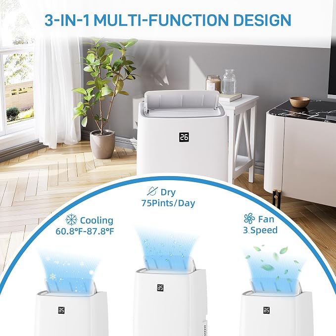 14,000 BTU Portable Air Conditioner, Smart Control, Quiet Operation 48dB, Dehumidifier, 3-Speed Fan, Remote & 24-Hour Timer