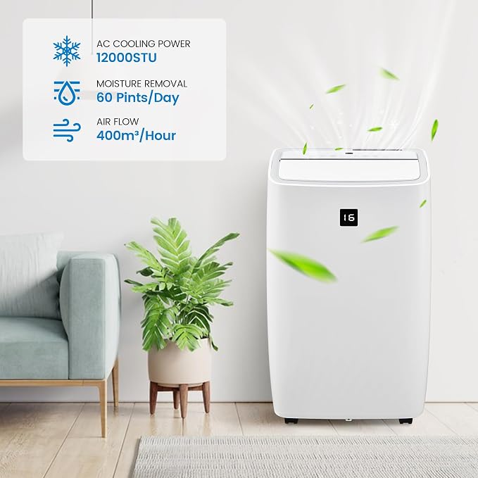 14,000 BTU Portable Air Conditioner, Smart Control, Quiet Operation 48dB, Dehumidifier, 3-Speed Fan, Remote & 24-Hour Timer