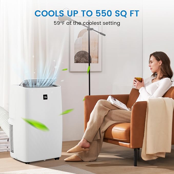 14,000 BTU Portable Air Conditioner, Smart Control, Quiet Operation 48dB, Dehumidifier, 3-Speed Fan, Remote & 24-Hour Timer