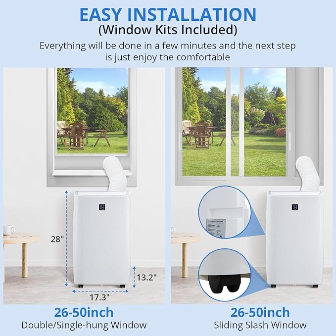 14,000 BTU Portable Air Conditioner, Smart Control, Quiet Operation 48dB, Dehumidifier, 3-Speed Fan, Remote & 24-Hour Timer