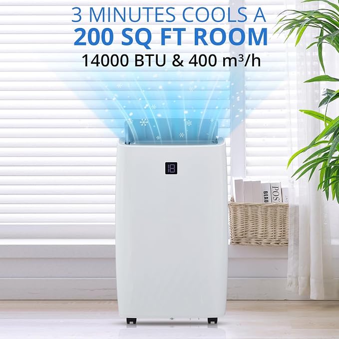 14,000 BTU Portable Air Conditioner, Smart Control, Quiet Operation 48dB, Dehumidifier, 3-Speed Fan, Remote & 24-Hour Timer