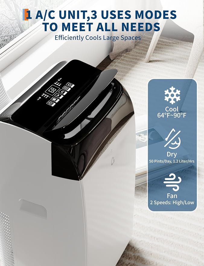 14,000 BTU Portable Air Conditioner with Dehumidifier & Fan, Quiet Portable AC Units for Rooms, Remote, Timer, Auto Swing