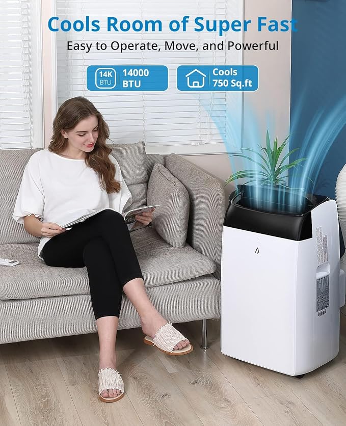 14,000 BTU Portable Air Conditioner with Dehumidifier & Fan, Quiet Portable AC Units for Rooms, Remote, Timer, Auto Swing
