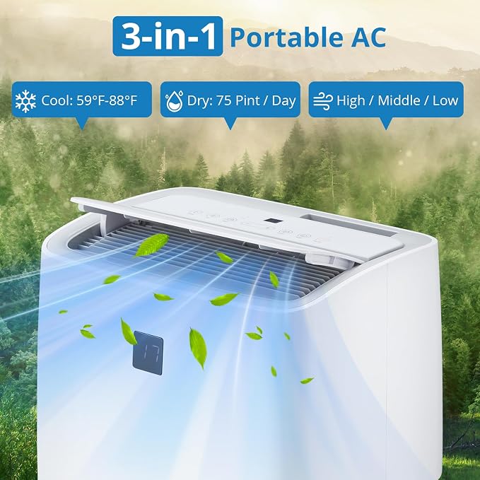 14,000 BTU Portable Air Conditioners, Cools Up to 750 Sq.Ft, Auto-Evaporation Low Noise, 3 in-1 Portable AC Unit with Remote
