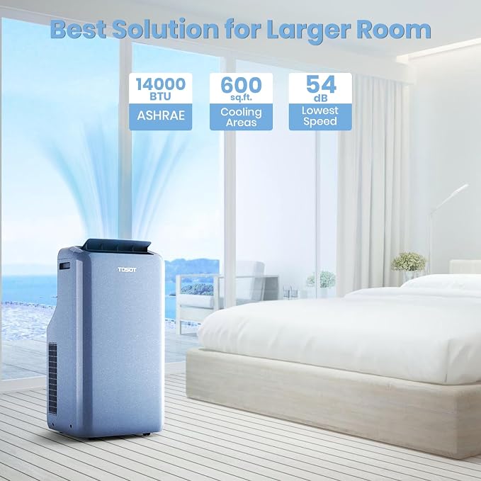 14,000BTU (9,600 BTU SACC) Wifi Portable Air Conditioner with Heating Mode, Cooling, Dehumidifier, Fan, Auto Swing, 24H