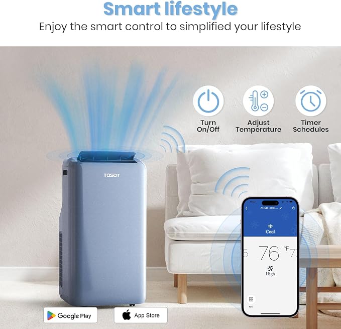14,000BTU (9,600 BTU SACC) Wifi Portable Air Conditioner with Heating Mode, Cooling, Dehumidifier, Fan, Auto Swing, 24H