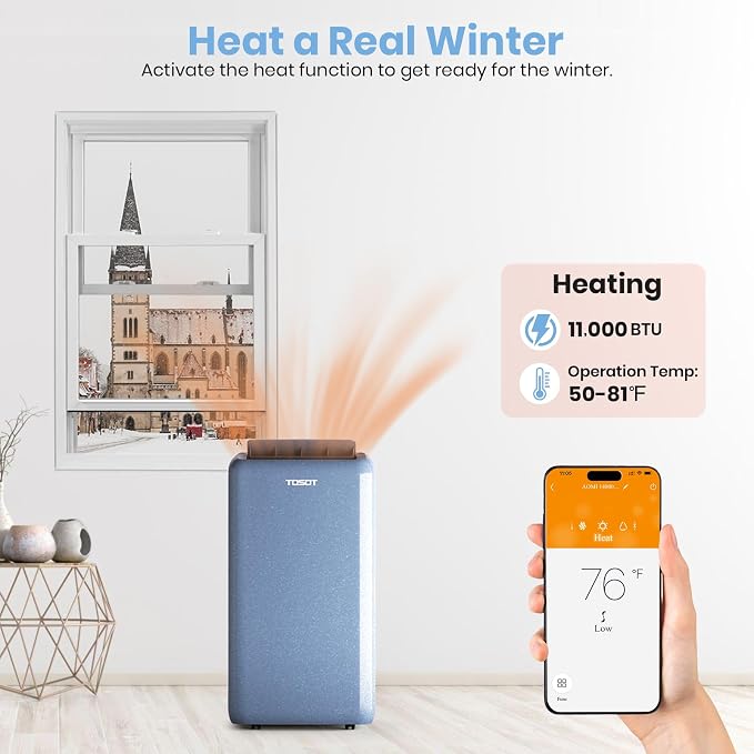 14,000BTU (9,600 BTU SACC) Wifi Portable Air Conditioner with Heating Mode, Cooling, Dehumidifier, Fan, Auto Swing, 24H