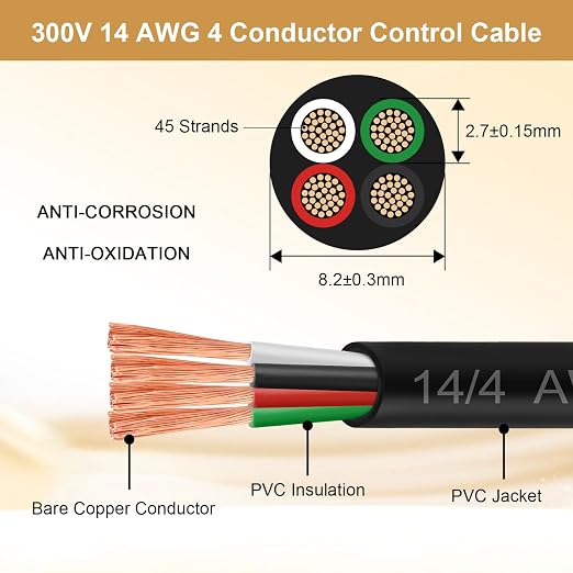 14/4 AWG Mini-Split Cable - 25FT 14 AWG 4 Conductor Control Cable 300V Stranded Oxygen-Free Pure Copper Wire for Mini Split