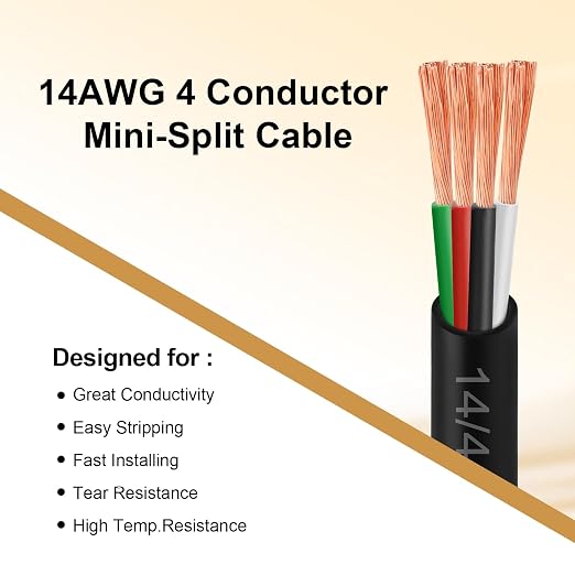 14/4 AWG Mini-Split Cable - 25FT 14 AWG 4 Conductor Control Cable 300V Stranded Oxygen-Free Pure Copper Wire for Mini Split