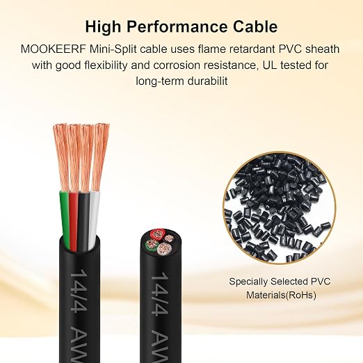 14/4 AWG Mini-Split Cable - 25FT 14 AWG 4 Conductor Control Cable 300V Stranded Oxygen-Free Pure Copper Wire for Mini Split