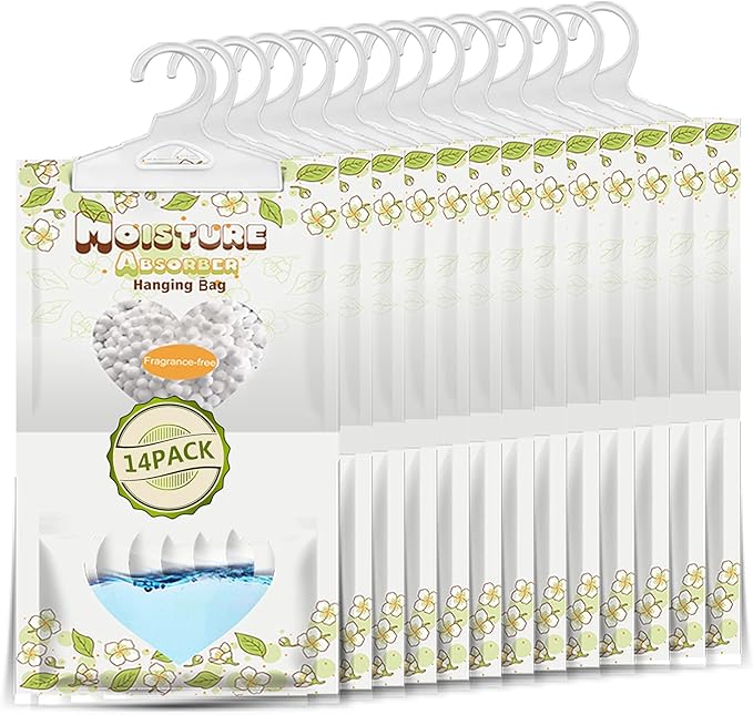14 Pack Moisture Absorber Hanging Bags,220g/Pack Fagrance Free Moisture Bag,Hanging Closet Dehumidifier Bags for Basement