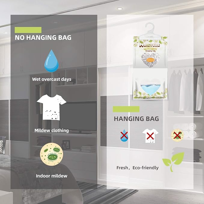 14 Pack Moisture Absorber Hanging Bags,220g/Pack Fagrance Free Moisture Bag,Hanging Closet Dehumidifier Bags for Basement