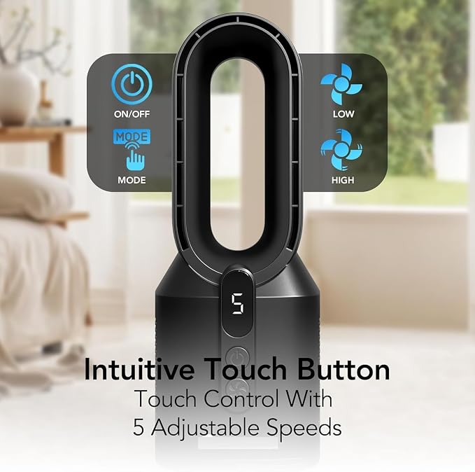 14" Rechargeable Bladeless Tabletop Fan for Bedroom and Home, 5 Speed Settings, Display Screen, Non-Slip Feet, Ideal for Home