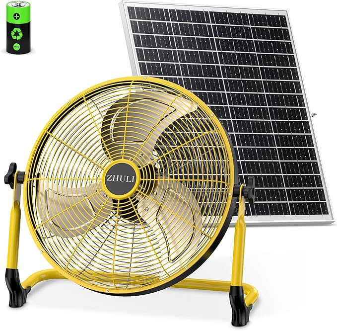 14" Solar Fan, Portable Battery Operated Floor Fan, Rechargeable Cordless Camping Fan, 30W Solar Panel, Hi-Velocity Brushless