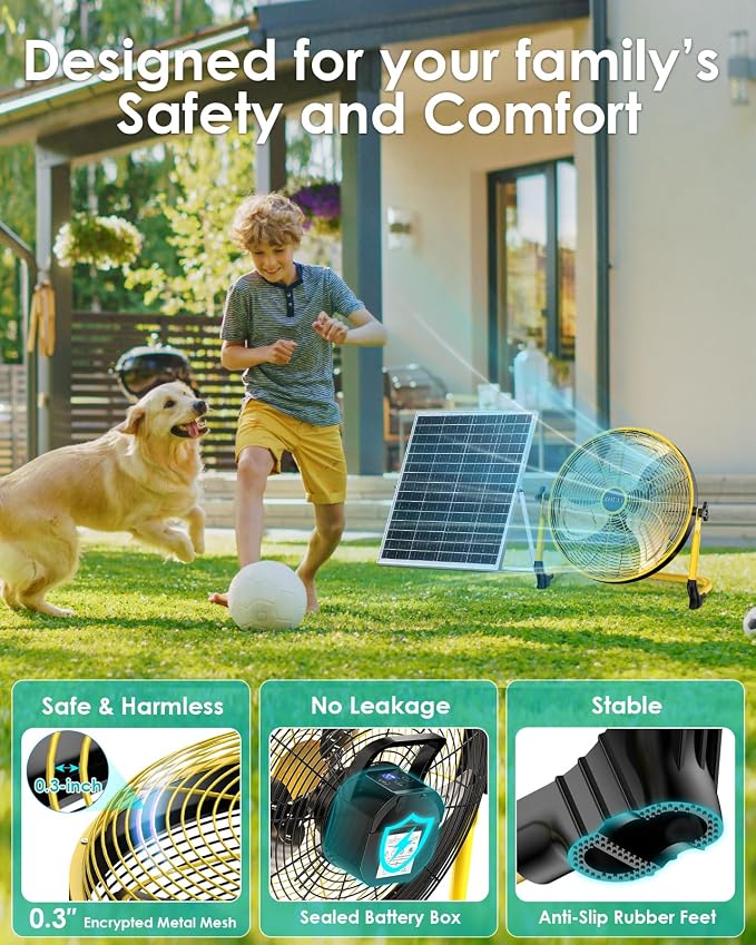 14" Solar Fan, Portable Battery Operated Floor Fan, Rechargeable Cordless Camping Fan, 30W Solar Panel, Hi-Velocity Brushless