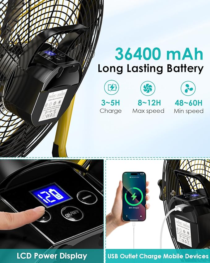 14" Solar Fan, Portable Battery Operated Floor Fan, Rechargeable Cordless Camping Fan, 30W Solar Panel, Hi-Velocity Brushless