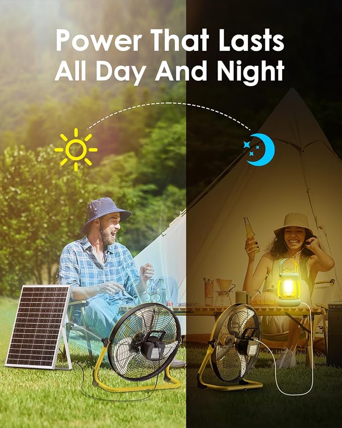 14" Solar Fan, Portable Battery Operated Floor Fan, Rechargeable Cordless Camping Fan, 30W Solar Panel, Hi-Velocity Brushless