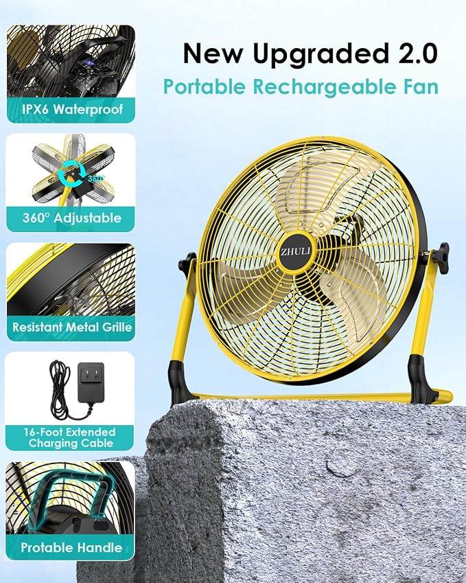 14" Solar Fan, Portable Battery Operated Floor Fan, Rechargeable Cordless Camping Fan, 30W Solar Panel, Hi-Velocity Brushless