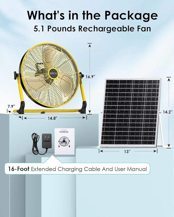 14" Solar Fan, Portable Battery Operated Floor Fan, Rechargeable Cordless Camping Fan, 30W Solar Panel, Hi-Velocity Brushless
