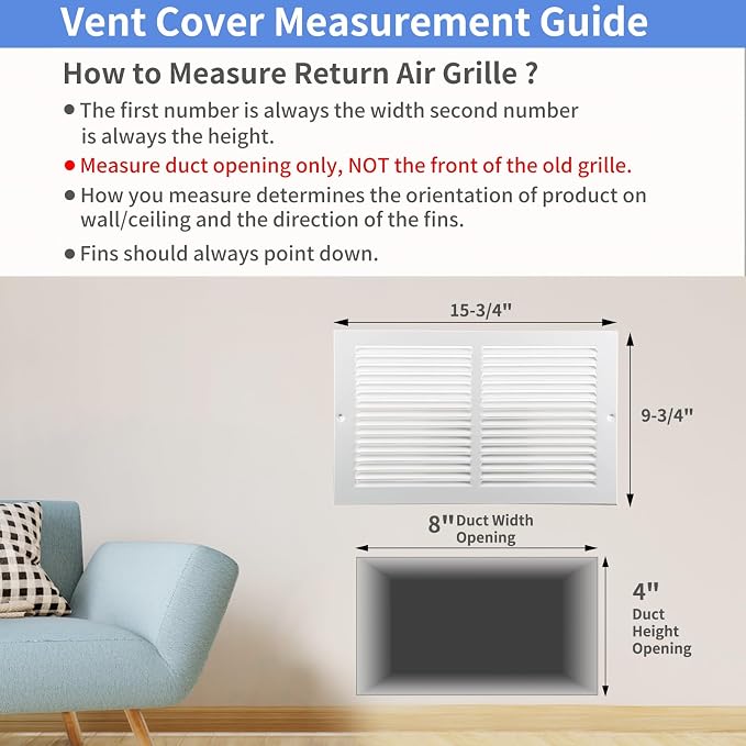 14"W x 8"H [Duct Opening Size] Steel Return Air Grille, Air Return Vent Cover for Ceiling and Sidewall - HVAC, alternate view