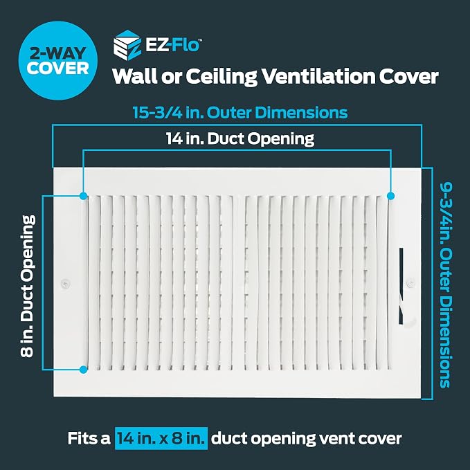 14 x 8 Inch (Duct Opening) Air Vent Cover for Wall or Ceiling, Two-Way Ventilation Register, Solid Steel HVAC, alternate view