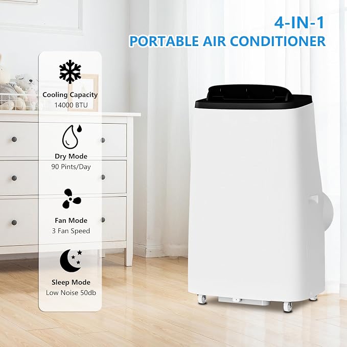 14000 BTU Portable Air Conditioner, 3 IN 1 AC Unit Cools Up to 750 Sq.Ft, Cooling Dehumidifier Fan, Auto Swing, 24H Timer