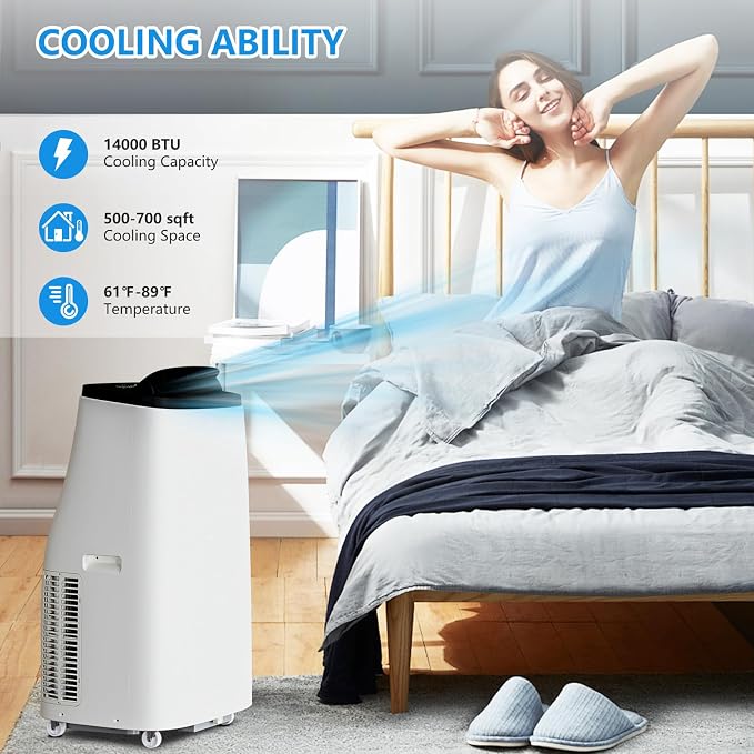 14000 BTU Portable Air Conditioner, 3 IN 1 AC Unit Cools Up to 750 Sq.Ft, Cooling Dehumidifier Fan, Auto Swing, 24H Timer
