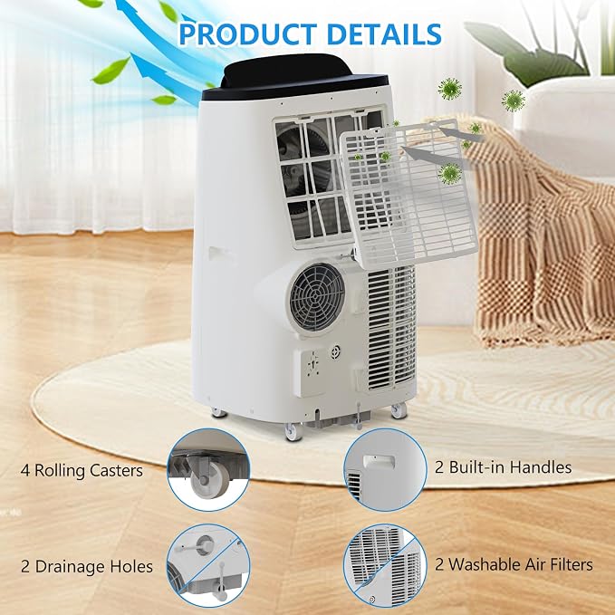 14000 BTU Portable Air Conditioner, 3 IN 1 AC Unit Cools Up to 750 Sq.Ft, Cooling Dehumidifier Fan, Auto Swing, 24H Timer