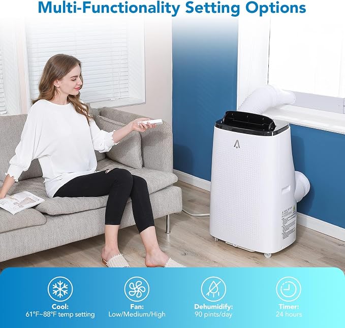 14000 BTU Portable Air Conditioner, 3 in-1 Ultra-Quiet Cooling, Dehumidifier & Fan for Rooms Up to 700 Sq. Ft. – Remote