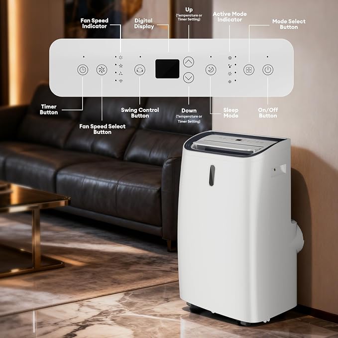 14000 BTU Portable Air Conditioner, 4-in-1 with Cool/Heat/Dry/Fan Functions, Wi-Fi Smart AC Unit with App& Remote Control