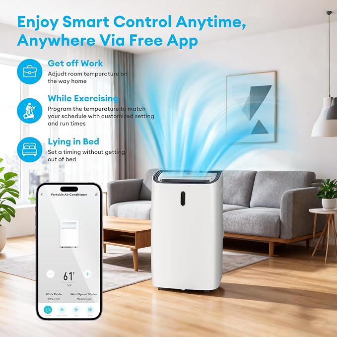 14000 BTU Portable Air Conditioner, 4-in-1 with Cool/Heat/Dry/Fan Functions, Wi-Fi Smart AC Unit with App& Remote Control