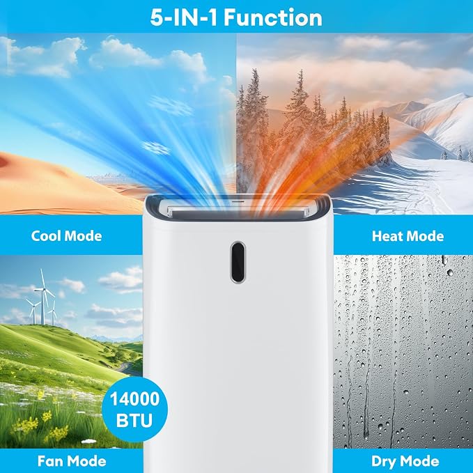 14000 BTU Portable Air Conditioner, 4-in-1 with Cool/Heat/Dry/Fan Functions, Wi-Fi Smart AC Unit with App& Remote Control