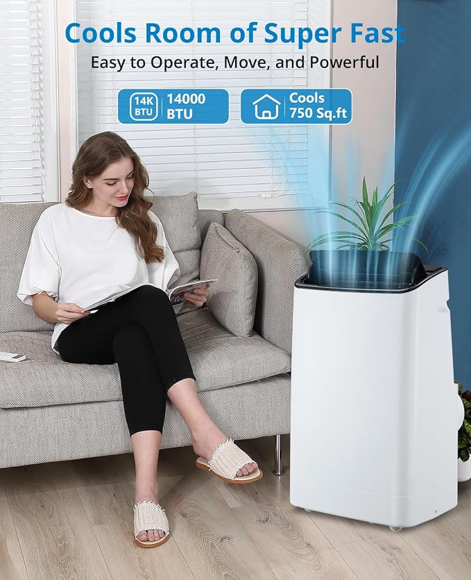 14000 BTU Portable Air Conditioner for Rooms up to 750 Sq. Ft, 3-in-1 AC Unit with Cooling, Dehumidifier & Fan, 3 Fan Speeds