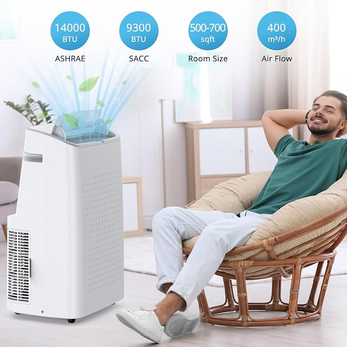 14000 BTU Portable Air Conditioner for Rooms up to 750 Sq. Ft, 3-in-1 AC Unit with Cooling, Dehumidifier & Fan, 3 Fan Speeds