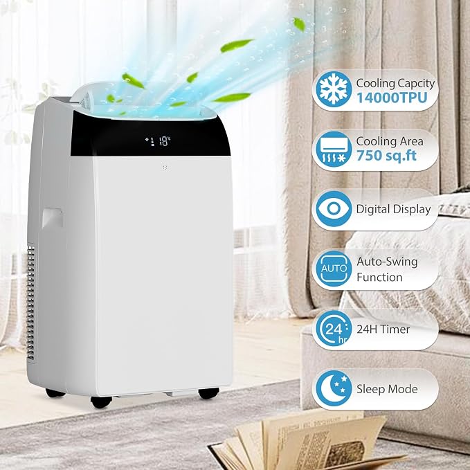 14000 BTU Portable Air Conditioner with Follow Me Function, 3-in-1 AC Includes Remote & Full Window Kit, Cools Areas Up to