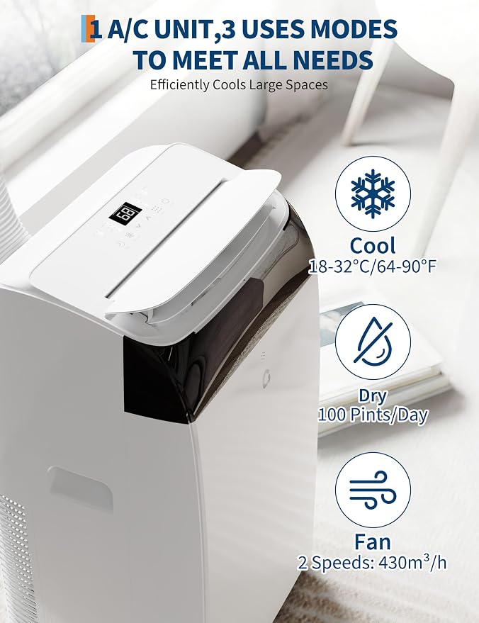 14000 BTU Portable Air Conditioner with Follow Me Function, 3-in-1 AC Includes Remote & Full Window Kit, Cools Areas Up to