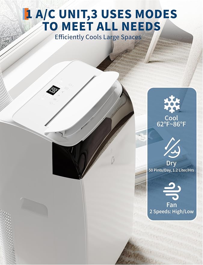 14000 BTU Portable Air Conditioners with Remote Control, 3-In-1 Free Standing AC Unit with Fan & Dehumidifier, Cools Room Up