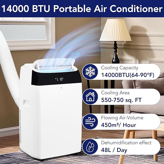 14000 BTU Portable Air Conditioners with Remote Control, 3-in-1 Free Standing Cooling AC Unit with Fan & Dehumidifier, Cools