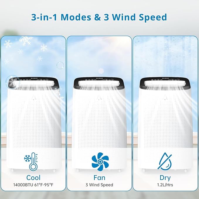 14000 BTU Room Portable Air Conditioner, 3-In-1 Free Standing Cooling AC With Fan & Dehumidifier Up to 700 Sq.Ft, Remote