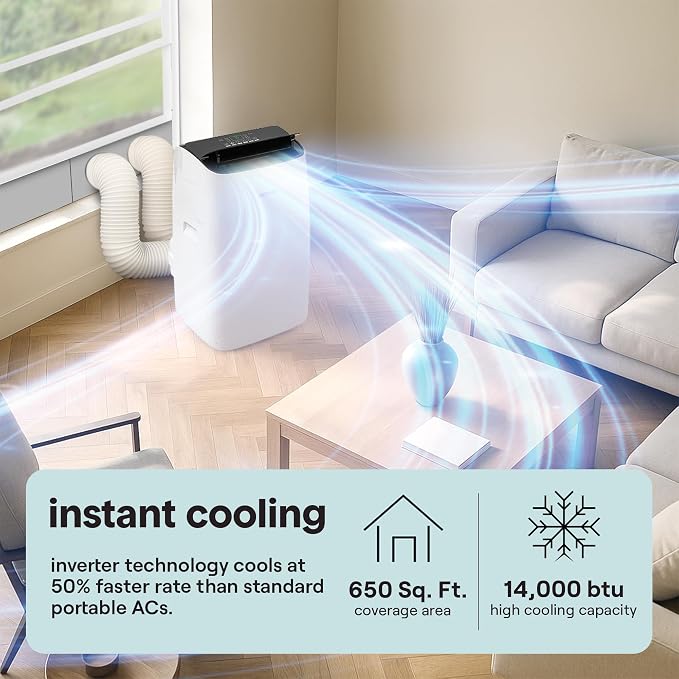 14000 BTU Ultra Quiet Portable Inverter Air Conditioner, Smart Cooling & Heating with WiFi, Energy Efficient, For Bedrooms