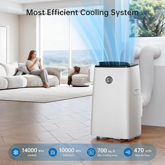 14000BTU Portable Air Conditioners Inverter Technology,Dual Hose Fast Cooling Portable AC Unit for Large Room up to 700