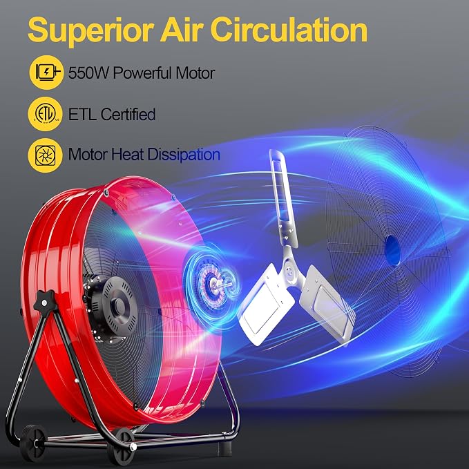 14000CFM Heavy Duty Industrial Drum Fan, 30 Inch High Velocity Floor Fan with 360° Tilt, 2 Casters,Handle,3 Speeds 550W