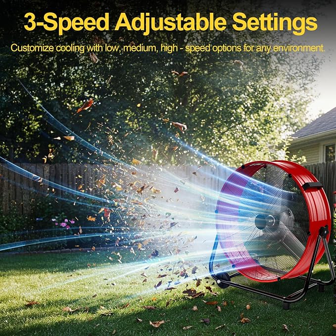 14000CFM Heavy Duty Industrial Drum Fan, 30 Inch High Velocity Floor Fan with 360° Tilt, 2 Casters,Handle,3 Speeds 550W