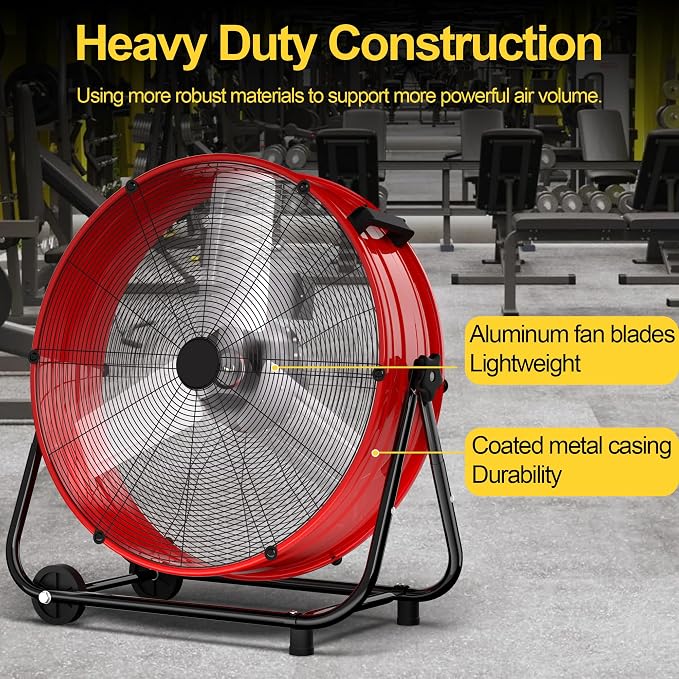 14000CFM Heavy Duty Industrial Drum Fan, 30 Inch High Velocity Floor Fan with 360° Tilt, 2 Casters,Handle,3 Speeds 550W
