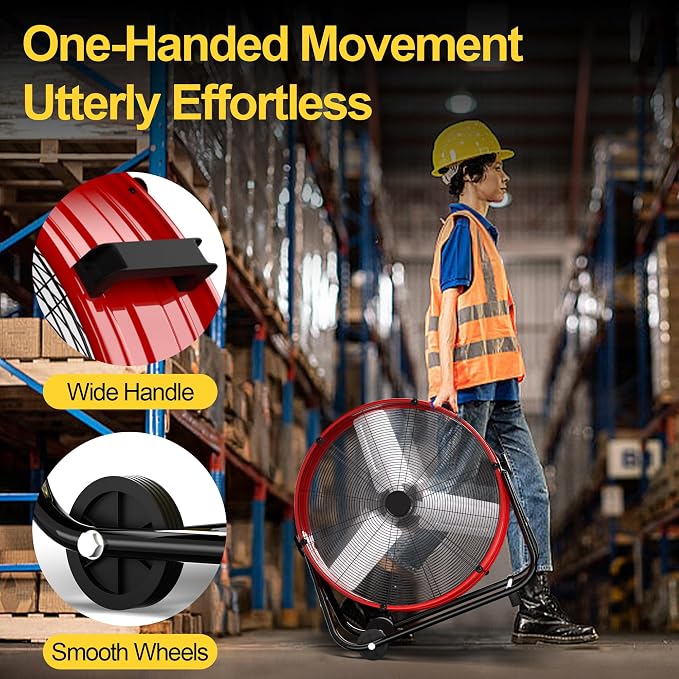 14000CFM Heavy Duty Industrial Drum Fan, 30 Inch High Velocity Floor Fan with 360° Tilt, 2 Casters,Handle,3 Speeds 550W