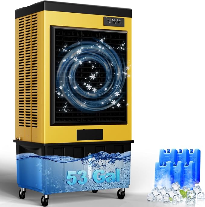14715CFM Portable Swamp Cooler, Evaporative Air Cooler with 53 Gal Water Tank, Continuous Auto Fill, 3 Speeds