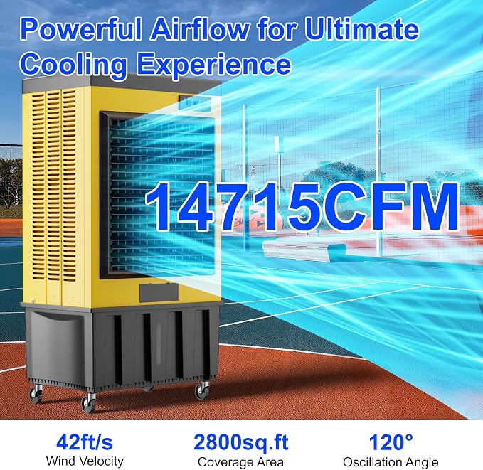 14715CFM Portable Swamp Cooler, Evaporative Air Cooler with 53 Gal Water Tank, Continuous Auto Fill, 3 Speeds